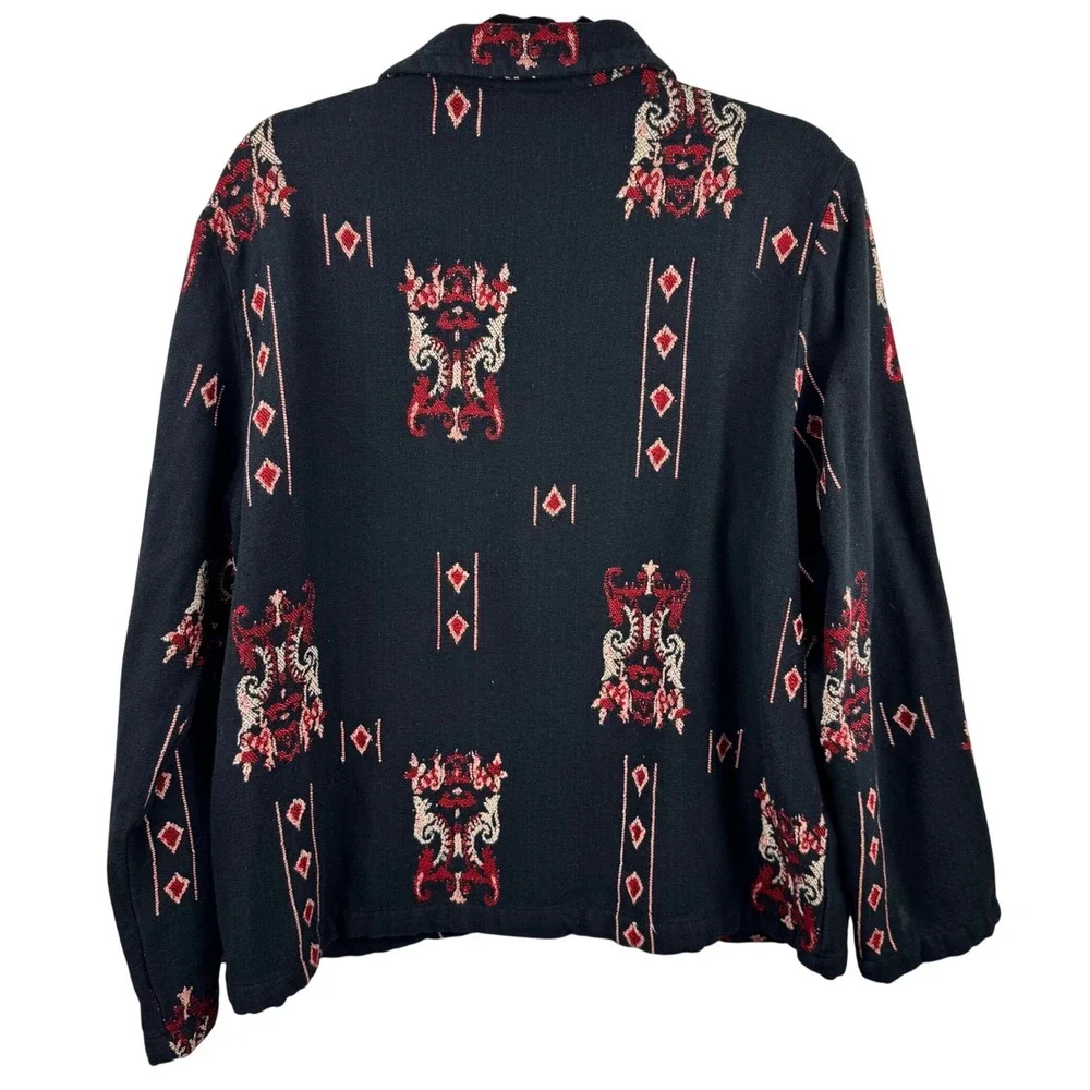 Chico's Design Jacket Womens 2 Large Black Red Tapestry‎ Cotton Blend Boho Artsy